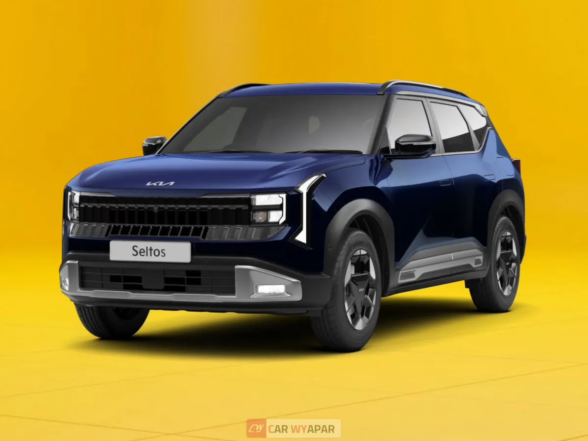 Front three-quarter view of a dark blue Kia Seltos HTX A variant on a yellow background, highlighting the "Tiger Nose" grille and LED headlamps.